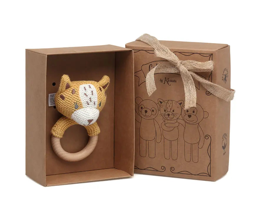 MORDEDOR SONAJERO TIGRE MADERA Y ALGODÓN 5820 MOSTAZA KIOKIDS
